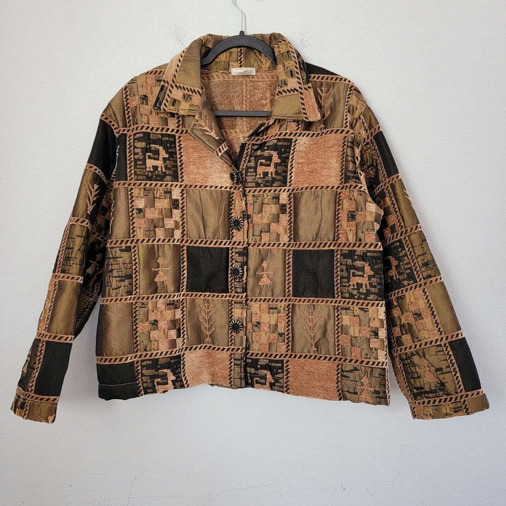 VTG DB Sport Women Medium Blazer Embroidered Suit Jacket Black Gold Color Block